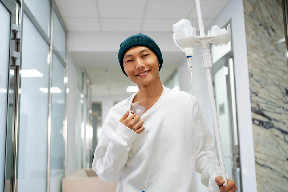 A smiling patient walking in hospital
